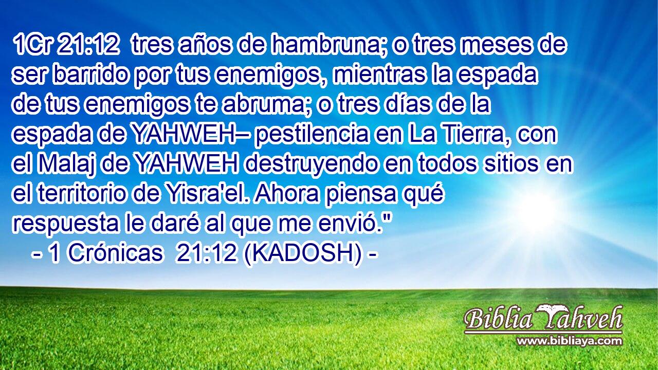  tres años de hambruna; o tres meses de ser barrido por tus enemigos, mientras la espada de tus enemigos te abruma; o tres días de la espada de YAHWEH– pestilencia en La Tierra, con el Malaj de YAHWEH destruyendo en todos sitios en el territorio de Yisra'el. Ahora piensa qué respuesta le daré al que me envió.