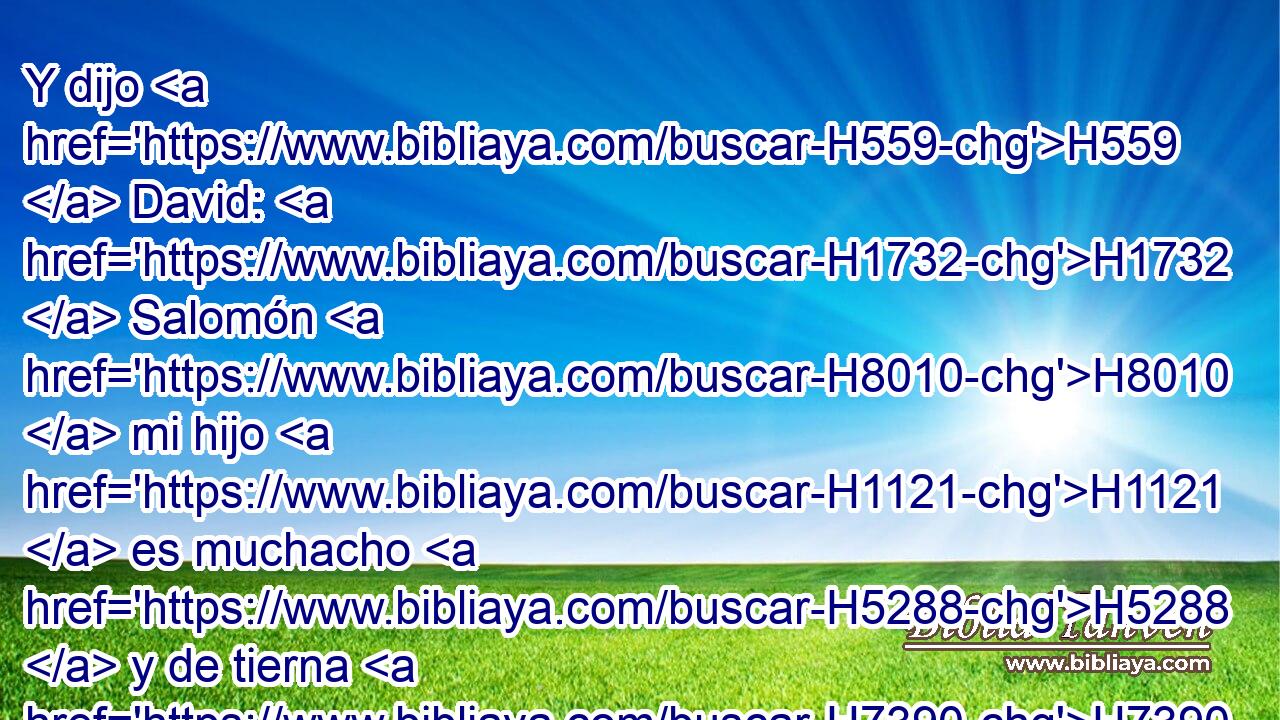 Y dijo H559  David: H1732  Salomón H8010  mi hijo H1121  es muchacho H5288  y de tierna H7390  edad, y la casa H1004 H H1129 que se ha de edificar a Jehová ha H3068 H1431 H4605 de ser magnífica por excelencia, para renombre y • H8034 PL honra en todas H8597  las tierras; H3605 H ahora, pues, H776 H3559 yo H4994 H3559 le prepararé lo necesario. Y David antes de H1732 PL H7230 H6440 H4194 su muerte hizo preparativ