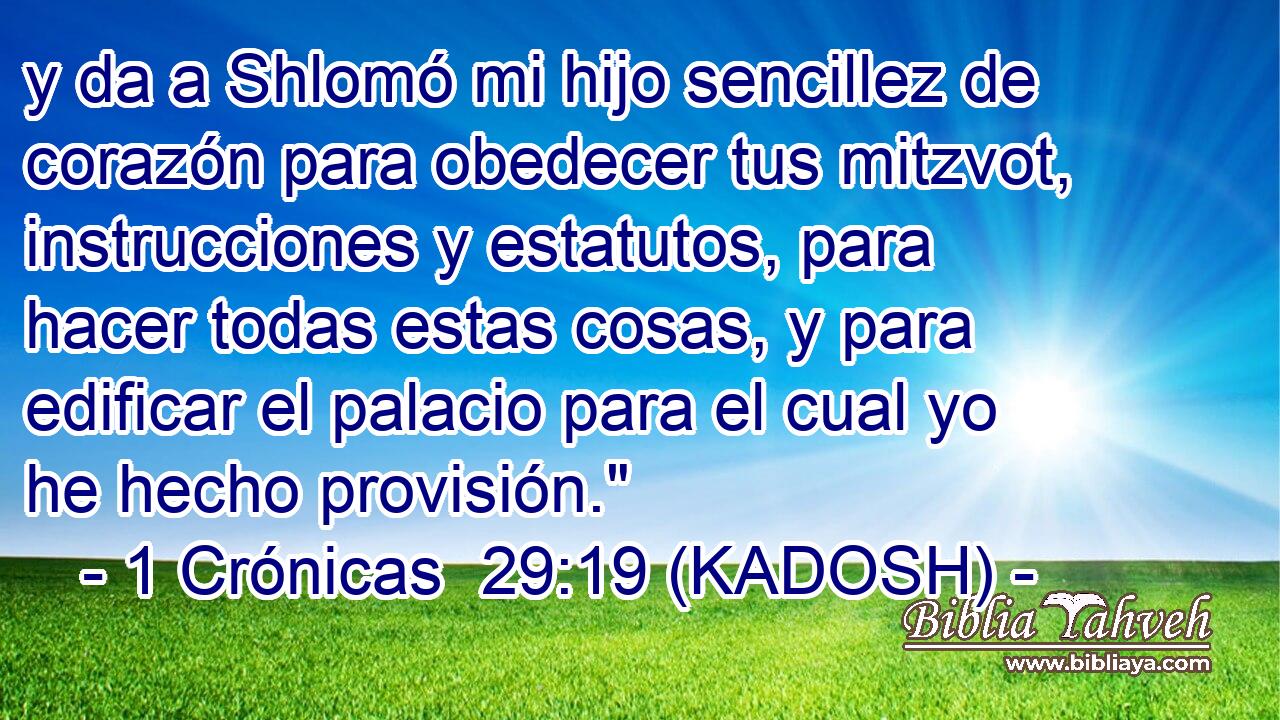  y da a Shlomó mi hijo sencillez de corazón para obedecer tus mitzvot, instrucciones y estatutos, para hacer todas estas cosas, y para edificar el palacio para el cual yo he hecho provisión.