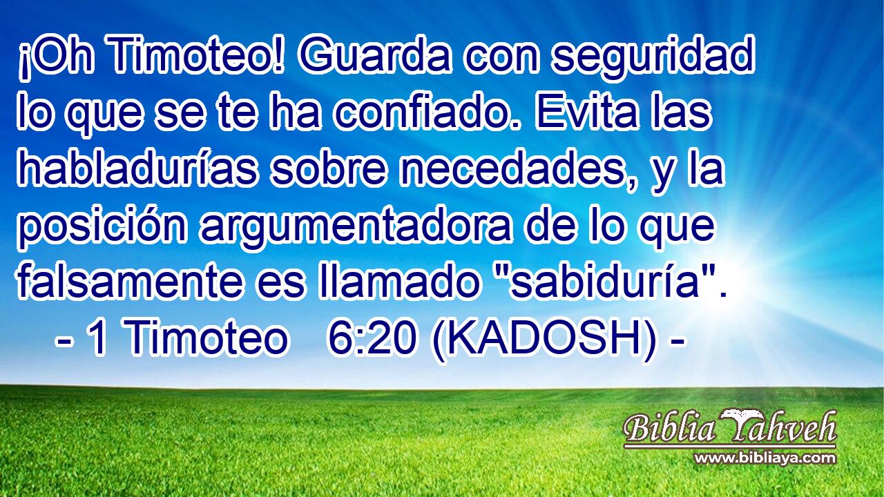  ¡Oh Timoteo! Guarda con seguridad lo que se te ha confiado. Evita las habladurías sobre necedades, y la posición argumentadora de lo que falsamente es llamado 