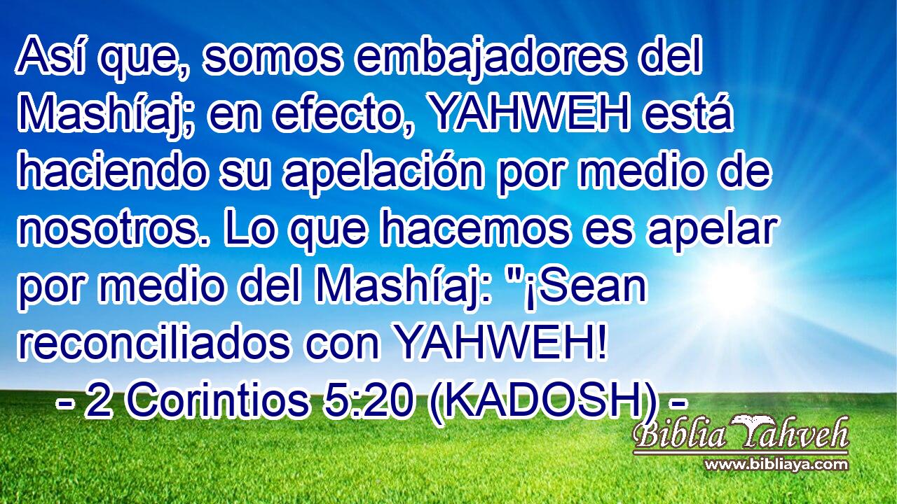  Así que, somos embajadores del Mashíaj; en efecto, YAHWEH está haciendo su apelación por medio de nosotros. Lo que hacemos es apelar por medio del Mashíaj: 