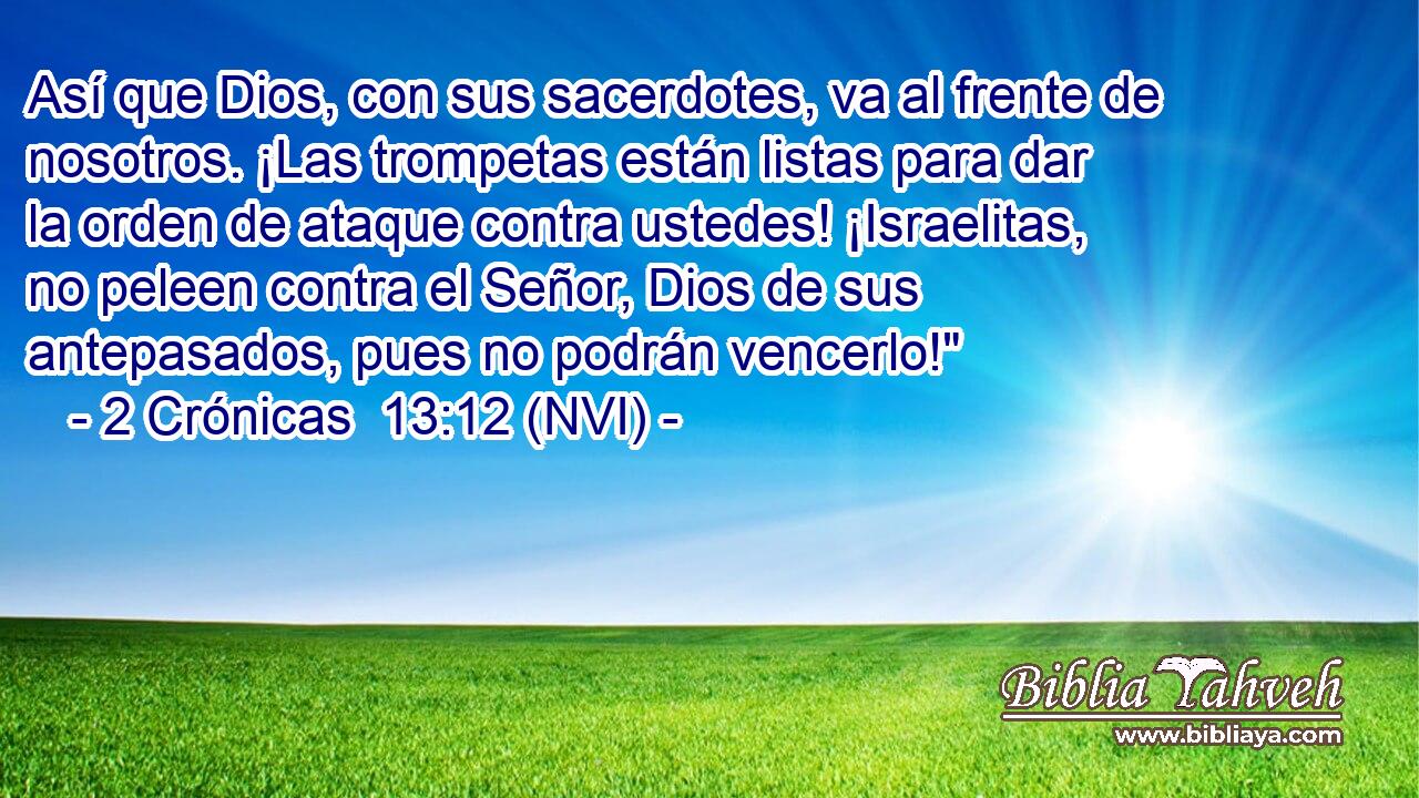  Así que Dios, con sus sacerdotes, va al frente de nosotros. ¡Las trompetas están listas para dar la orden de ataque contra ustedes! ¡Israelitas, no peleen contra el Señor, Dios de sus antepasados, pues no podrán vencerlo!