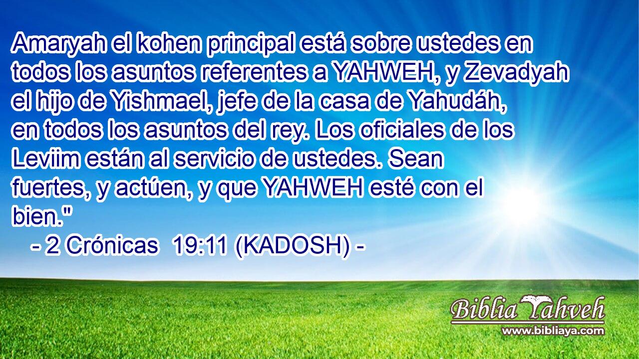  Amaryah el kohen principal está sobre ustedes en todos los asuntos referentes a YAHWEH, y Zevadyah el hijo de Yishmael, jefe de la casa de Yahudáh, en todos los asuntos del rey. Los oficiales de los Leviim están al servicio de ustedes. Sean fuertes, y actúen, y que YAHWEH esté con el bien.