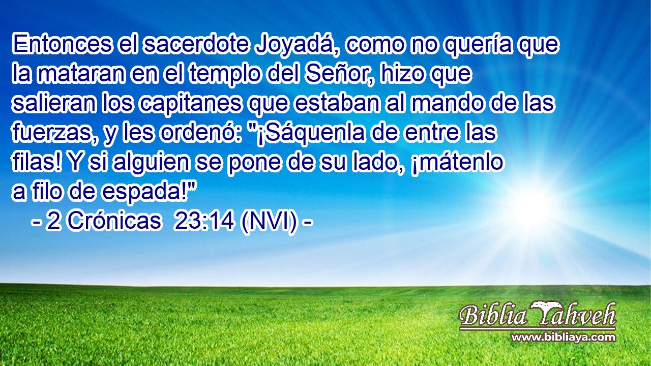  Entonces el sacerdote Joyadá, como no quería que la mataran en el templo del Señor, hizo que salieran los capitanes que estaban al mando de las fuerzas, y les ordenó: 
