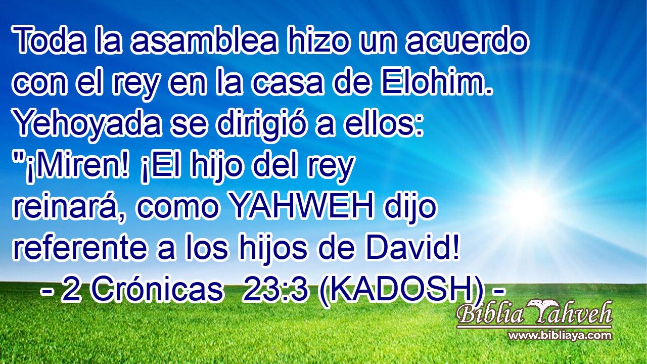  Toda la asamblea hizo un acuerdo con el rey en la casa de Elohim. Yehoyada se dirigió a ellos: 
