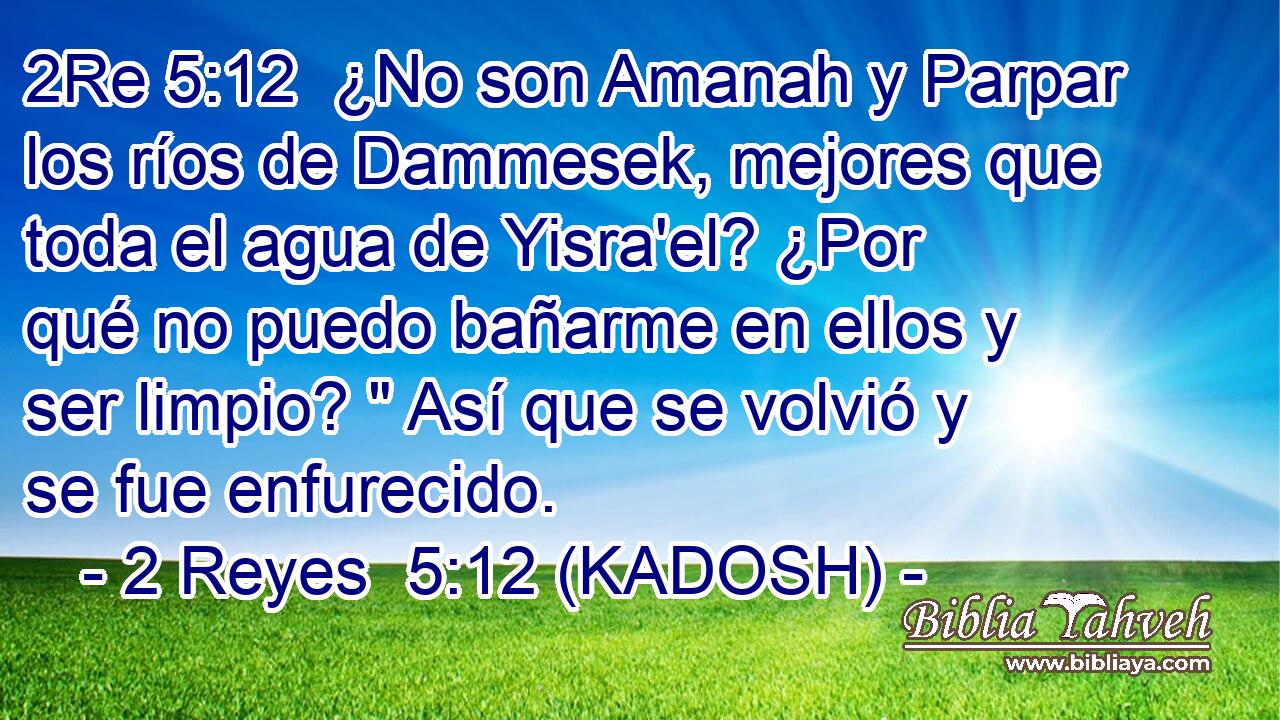  ¿No son Amanah y Parpar los ríos de Dammesek, mejores que toda el agua de Yisra'el? ¿Por qué no puedo bañarme en ellos y ser limpio? 