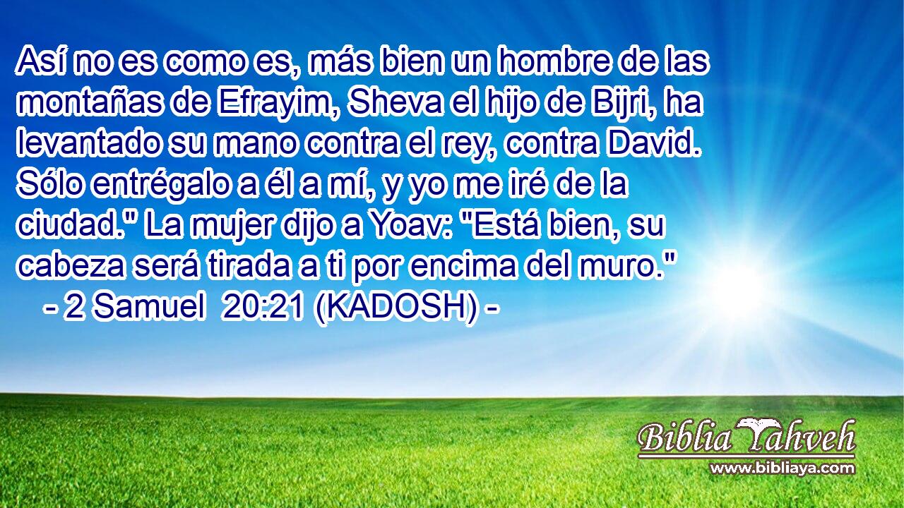  Así no es como es, más bien un hombre de las montañas de Efrayim, Sheva el hijo de Bijri, ha levantado su mano contra el rey, contra David. Sólo entrégalo a él a mí, y yo me iré de la ciudad.