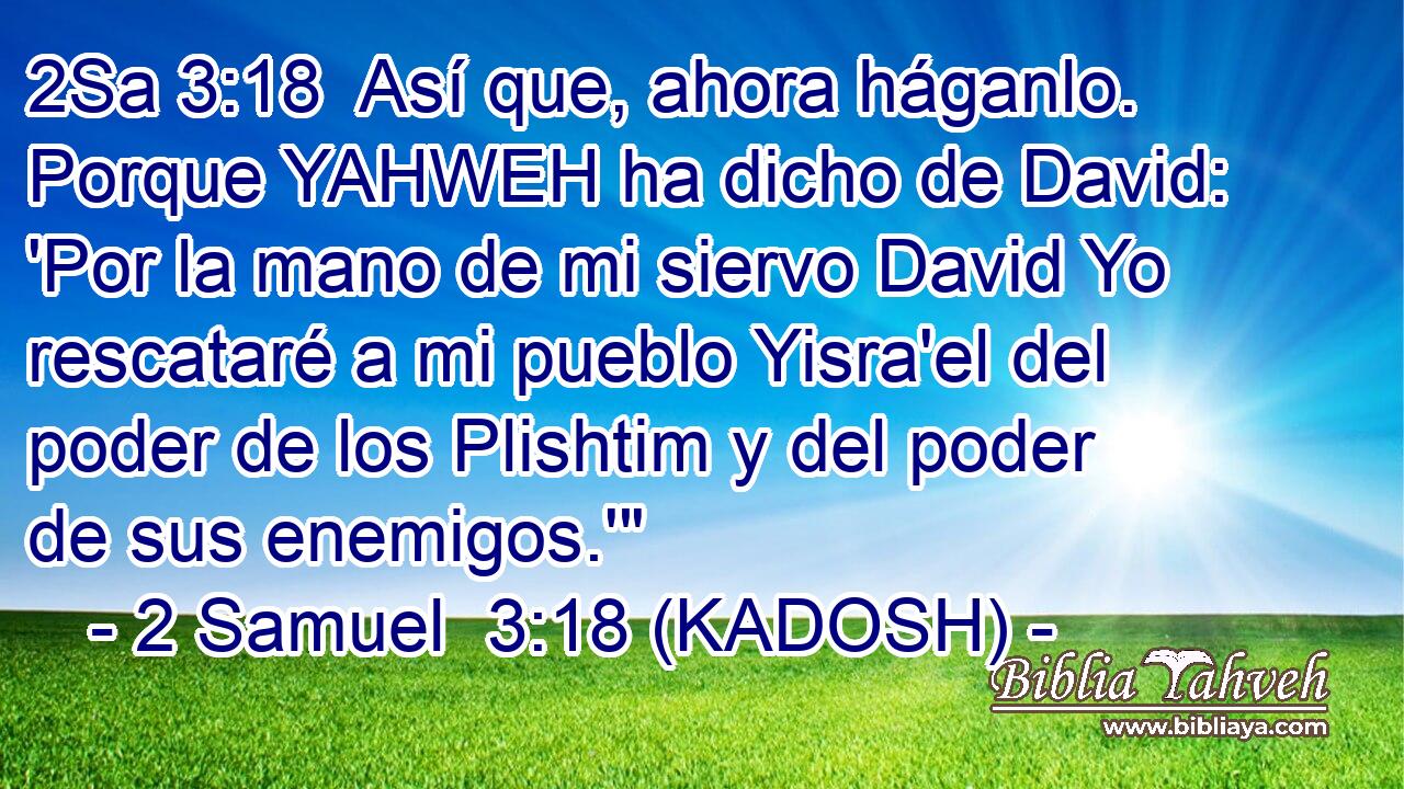  Así que, ahora háganlo. Porque YAHWEH ha dicho de David: 'Por la mano de mi siervo David Yo rescataré a mi pueblo Yisra'el del poder de los Plishtim y del poder de sus enemigos.'