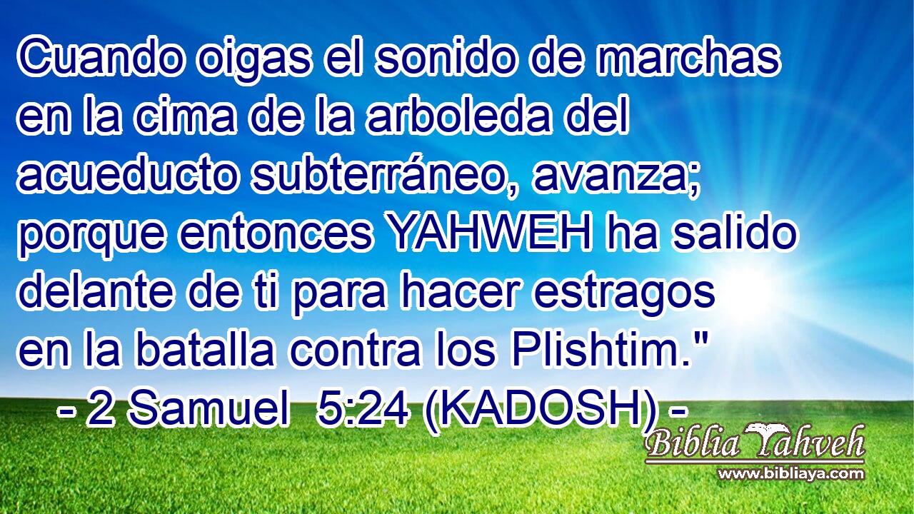  Cuando oigas el sonido de marchas en la cima de la arboleda del acueducto subterráneo, avanza; porque entonces YAHWEH ha salido delante de ti para hacer estragos en la batalla contra los Plishtim.