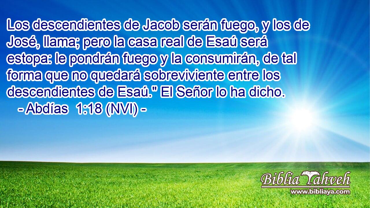  Los descendientes de Jacob serán fuego, y los de José, llama; pero la casa real de Esaú será estopa: le pondrán fuego y la consumirán, de tal forma que no quedará sobreviviente entre los descendientes de Esaú.
