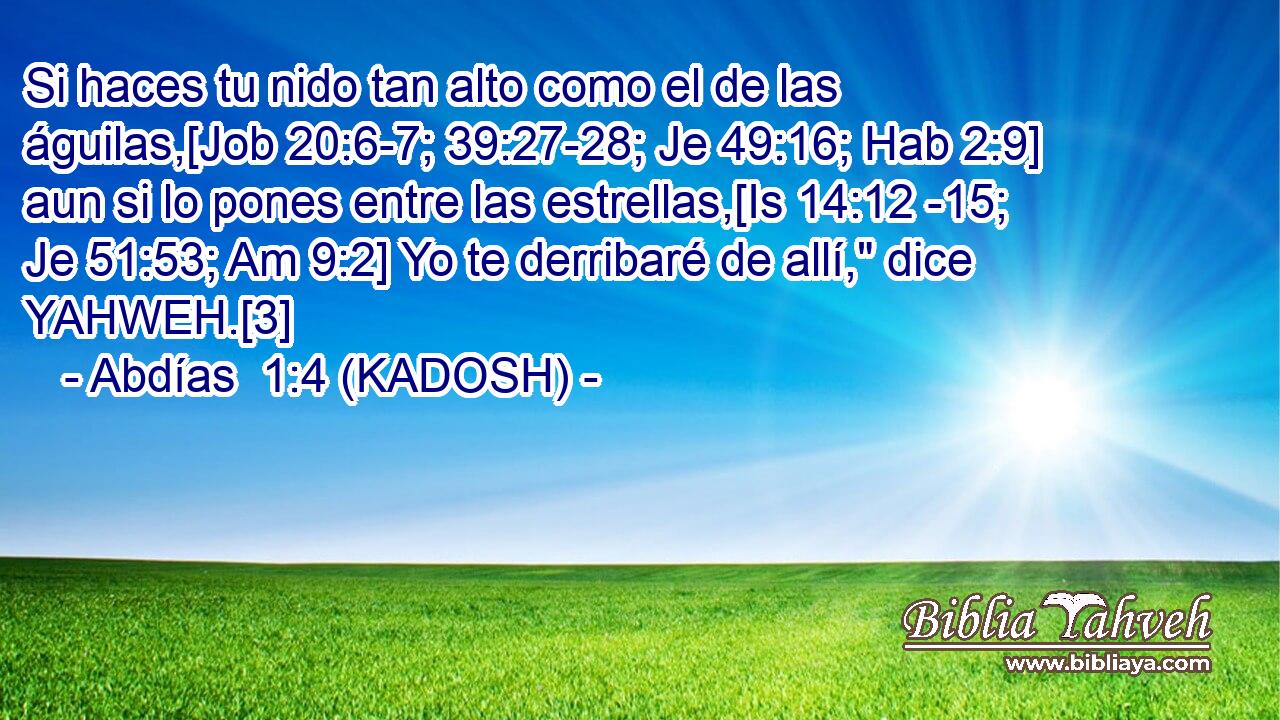  Si haces tu nido tan alto como el de las águilas,[Job 20:6-7; 39:27-28; Je 49:16; Hab 2:9] aun si lo pones entre las estrellas,[Is 14:12 -15; Je 51:53; Am 9:2] Yo te derribaré de allí,