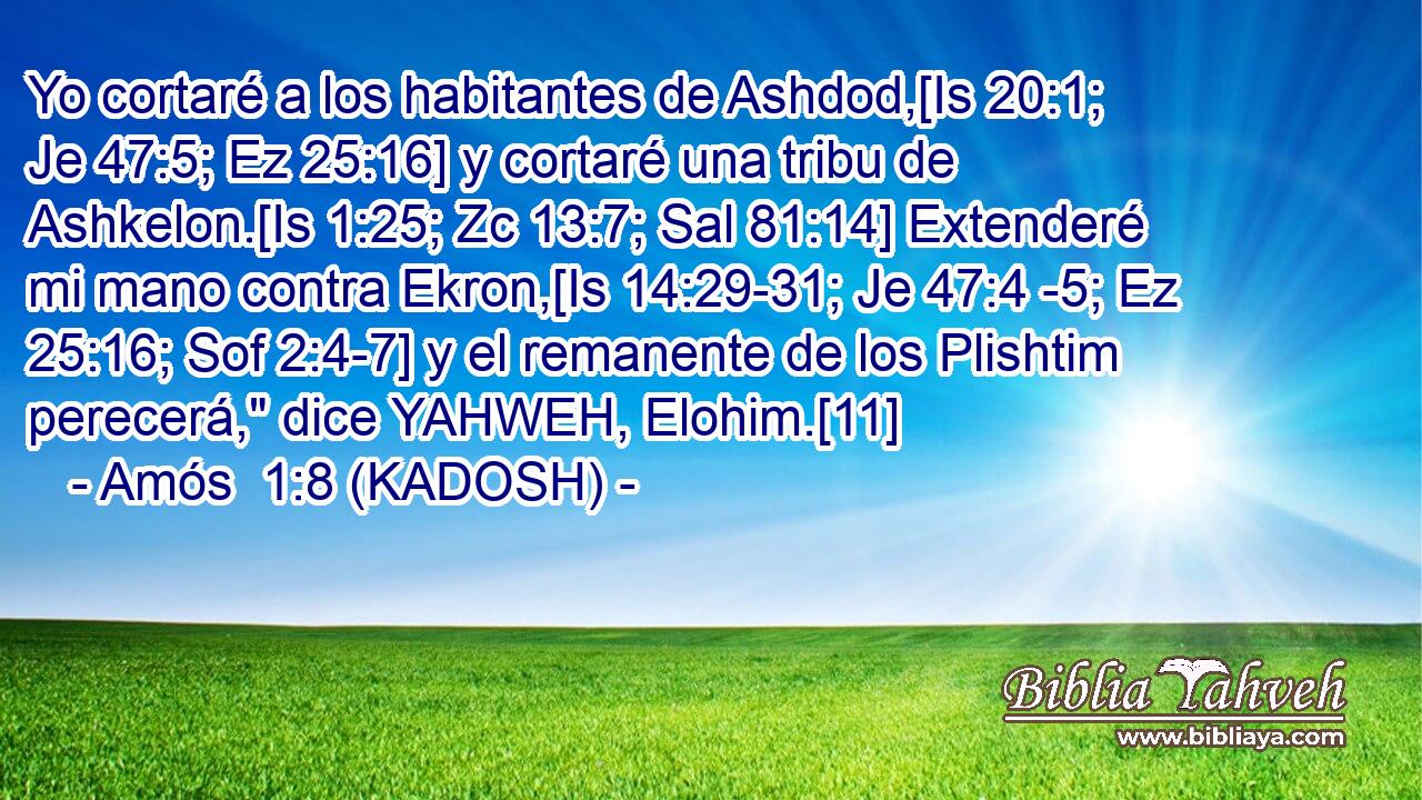  Yo cortaré a los habitantes de Ashdod,[Is 20:1; Je 47:5; Ez 25:16] y cortaré una tribu de Ashkelon.[Is 1:25; Zc 13:7; Sal 81:14] Extenderé mi mano contra Ekron,[Is 14:29-31; Je 47:4 -5; Ez 25:16; Sof 2:4-7] y el remanente de los Plishtim perecerá,