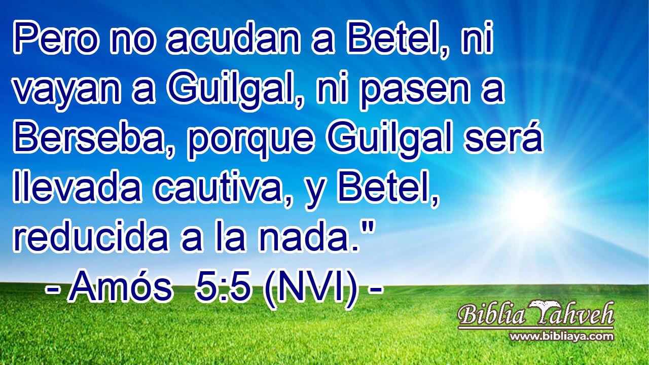  Pero no acudan a Betel, ni vayan a Guilgal, ni pasen a Berseba, porque Guilgal será llevada cautiva, y Betel, reducida a la nada.
