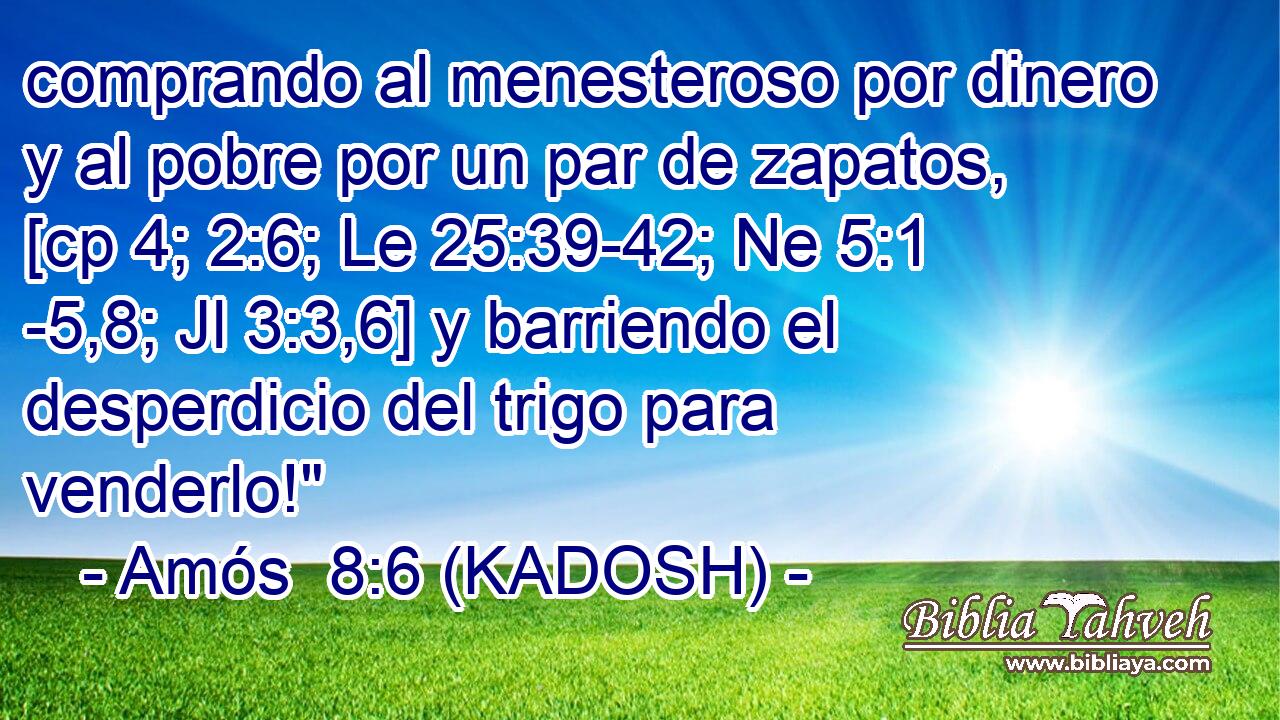  comprando al menesteroso por dinero y al pobre por un par de zapatos, [cp 4; 2:6; Le 25:39-42; Ne 5:1 -5,8; Jl 3:3,6] y barriendo el desperdicio del trigo para venderlo!