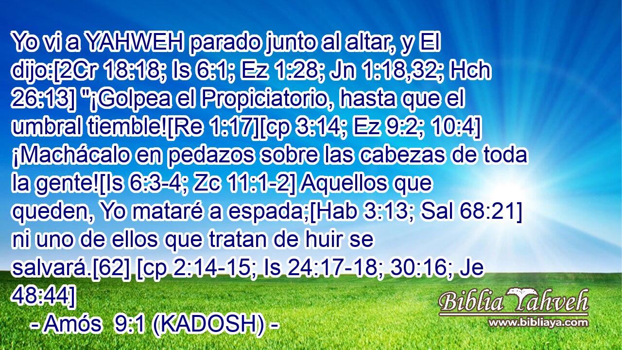  Yo vi a YAHWEH parado junto al altar, y El dijo:[2Cr 18:18; Is 6:1; Ez 1:28; Jn 1:18,32; Hch 26:13] 