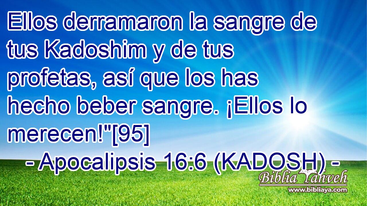  Ellos derramaron la sangre de tus Kadoshim y de tus profetas, así que los has hecho beber sangre. ¡Ellos lo merecen!