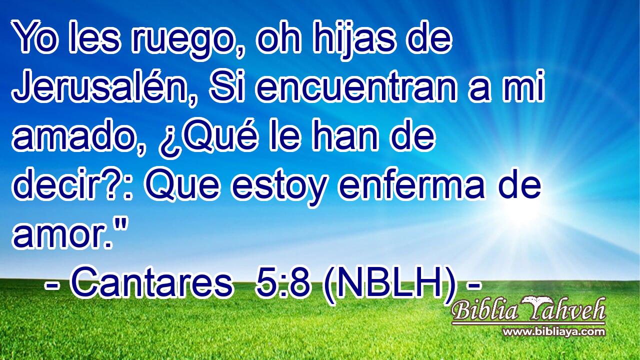  Yo les ruego, oh hijas de Jerusalén, Si encuentran a mi amado, ¿Qué le han de decir?: Que estoy enferma de amor.