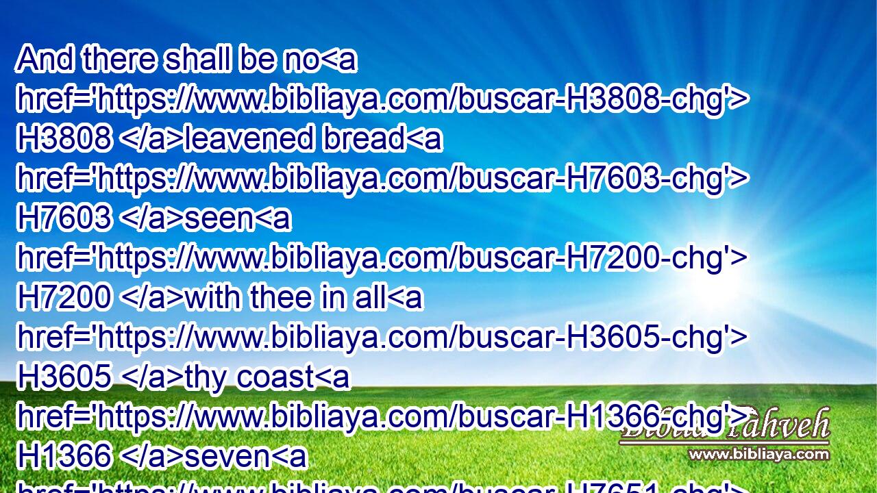 And there shall be no H3808 leavened bread H7603 seen H7200 with thee in all H3605 thy coast H1366 seven H7651 days; H3117 neither H3808 shall there any thing of H4480 the flesh, H1320 which H834 thou sacrificedst H2076 the first H7223 day H3117 at even, H6153 remain all night H3885 until the morning.H1242