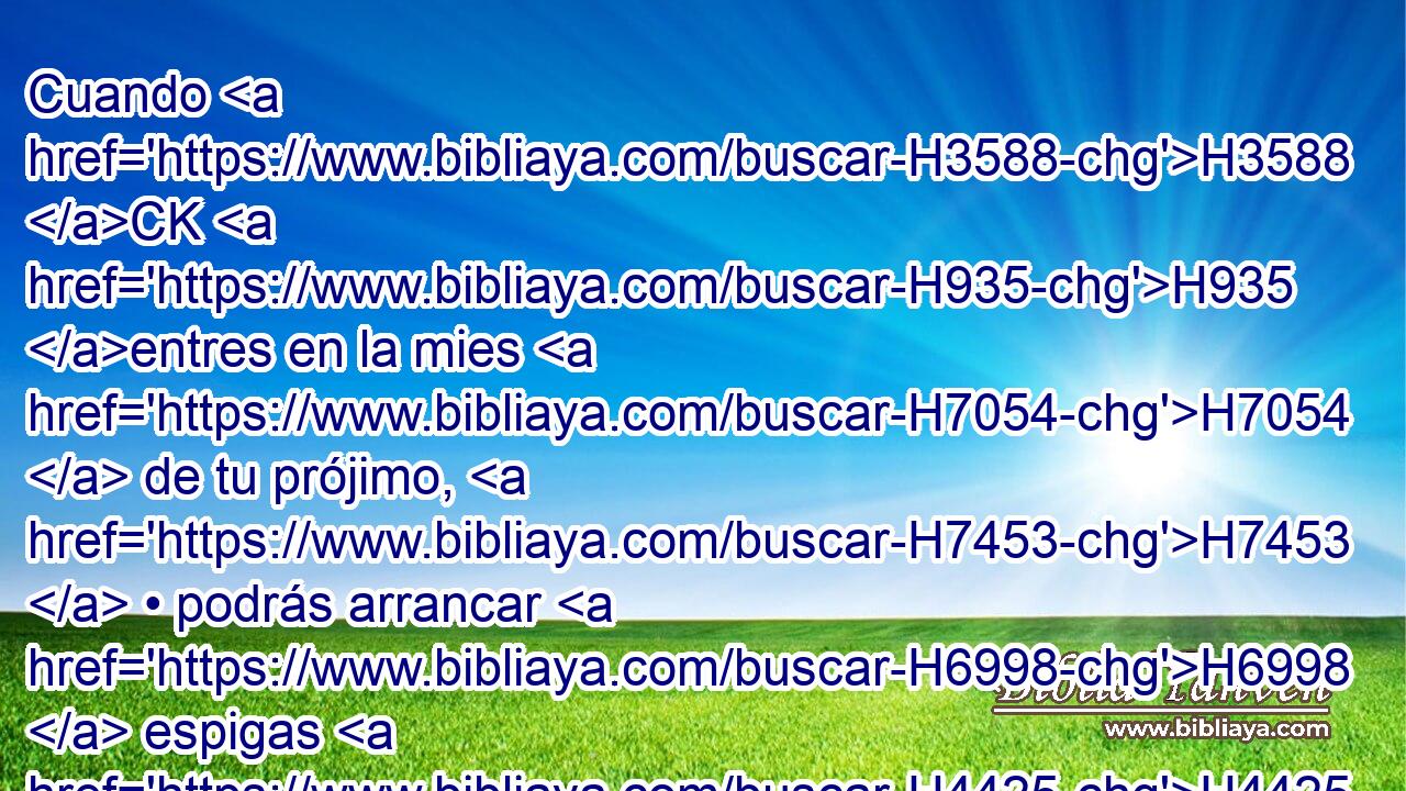 Cuando H3588 CK H935 entres en la mies H7054  de tu prójimo, H7453  • podrás arrancar H6998  espigas H4425  con tu mano; H3027  mas no H3808 ANN H5130 aplicarás H5297  hoz H2770  a H5921 Pu la mies H7054  de tu prójimo. H7453  