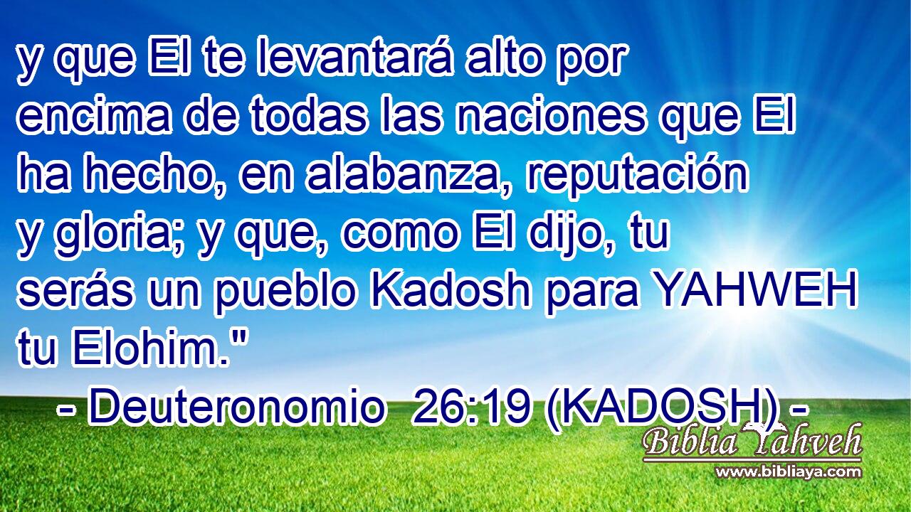  y que El te levantará alto por encima de todas las naciones que El ha hecho, en alabanza, reputación y gloria; y que, como El dijo, tu serás un pueblo Kadosh para YAHWEH tu Elohim.