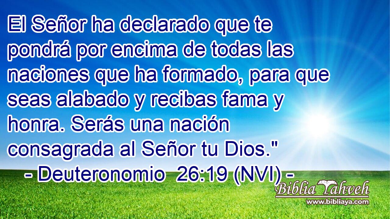  El Señor ha declarado que te pondrá por encima de todas las naciones que ha formado, para que seas alabado y recibas fama y honra. Serás una nación consagrada al Señor tu Dios.