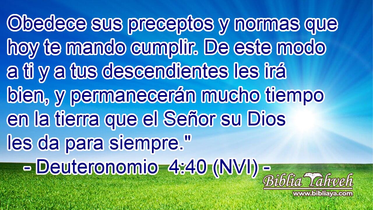  Obedece sus preceptos y normas que hoy te mando cumplir. De este modo a ti y a tus descendientes les irá bien, y permanecerán mucho tiempo en la tierra que el Señor su Dios les da para siempre.