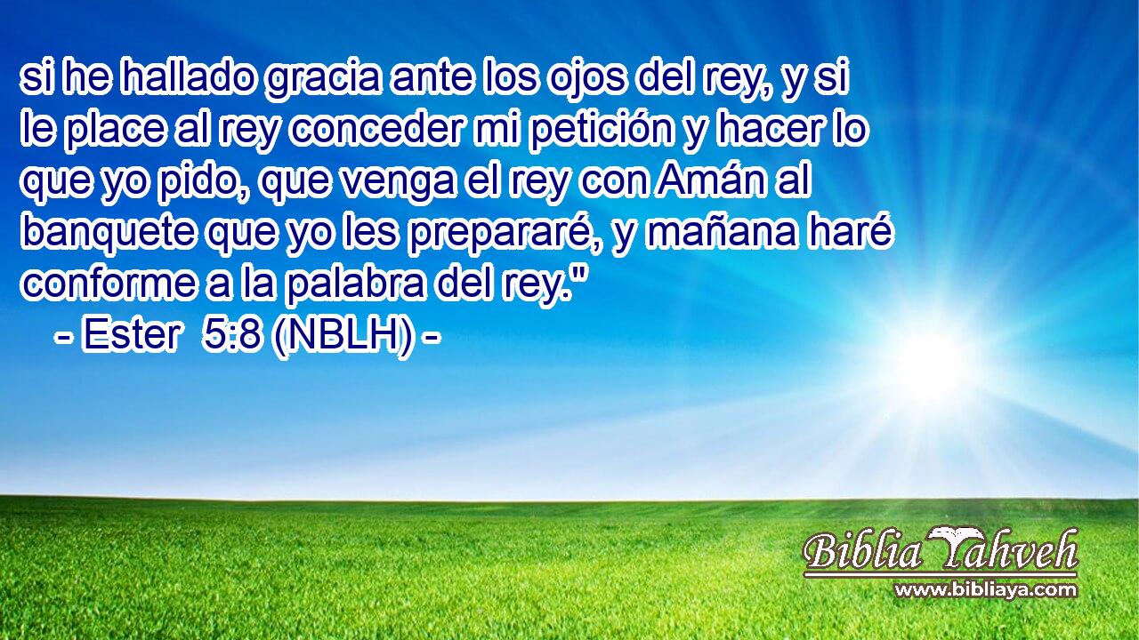  si he hallado gracia ante los ojos del rey, y si le place al rey conceder mi petición y hacer lo que yo pido, que venga el rey con Amán al banquete que yo les prepararé, y mañana haré conforme a la palabra del rey.