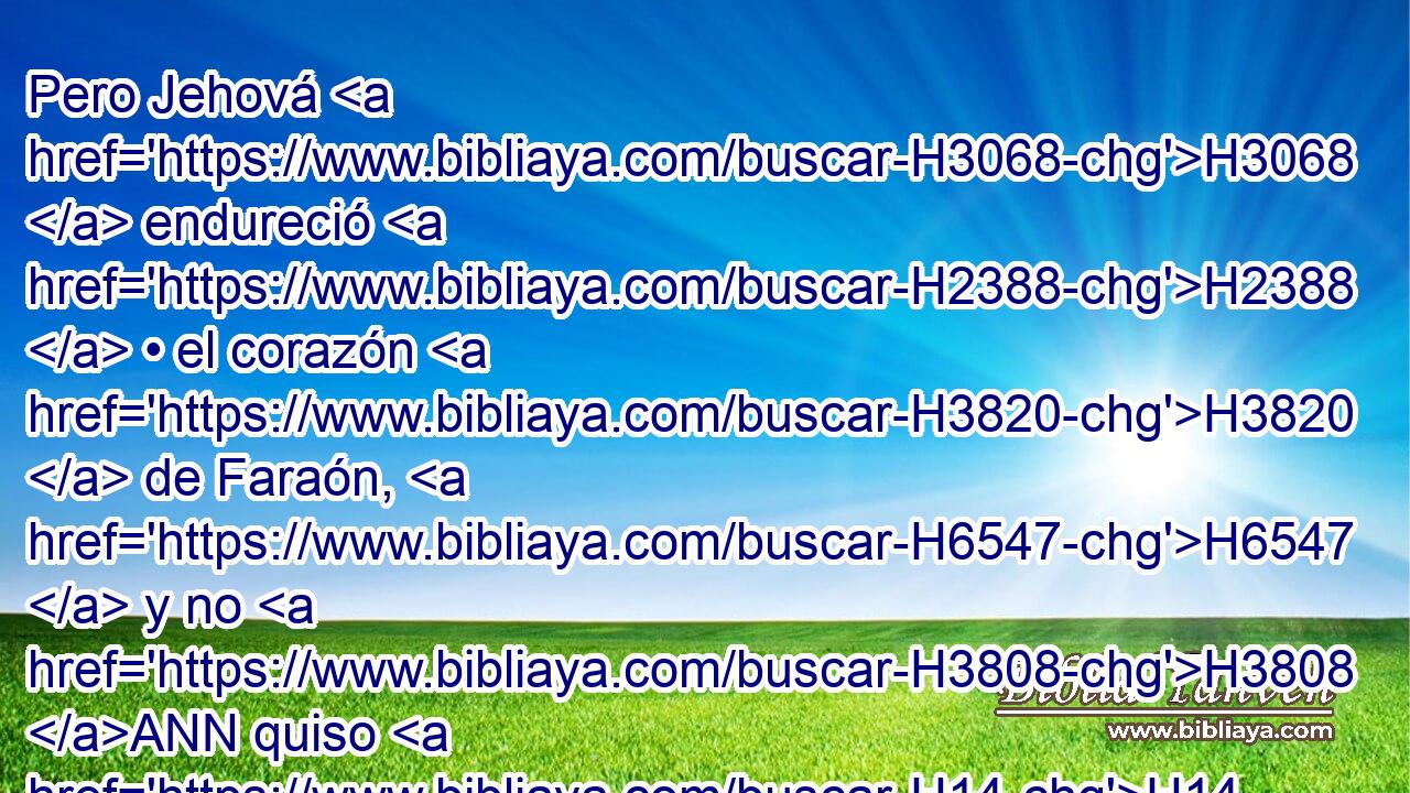 Pero Jehová H3068  endureció H2388  • el corazón H3820  de Faraón, H6547  y no H3808 ANN quiso H14  H7971 dejarlos ir. 