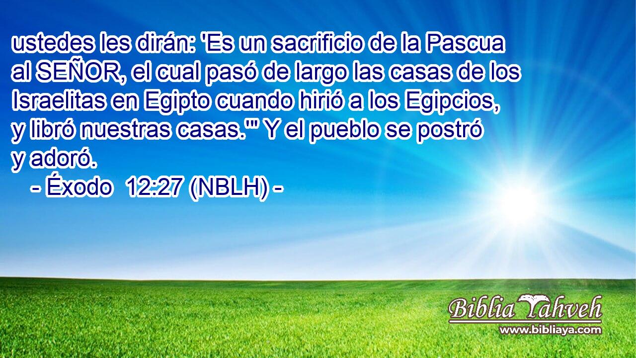  ustedes les dirán: 'Es un sacrificio de la Pascua al SEÑOR, el cual pasó de largo las casas de los Israelitas en Egipto cuando hirió a los Egipcios, y libró nuestras casas.'