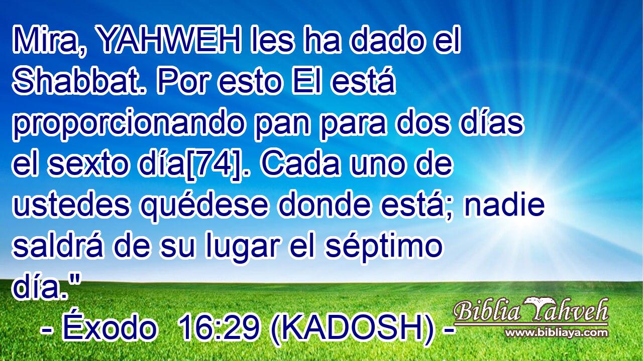  Mira, YAHWEH les ha dado el Shabbat. Por esto El está proporcionando pan para dos días el sexto día[74]. Cada uno de ustedes quédese donde está; nadie saldrá de su lugar el séptimo día.
