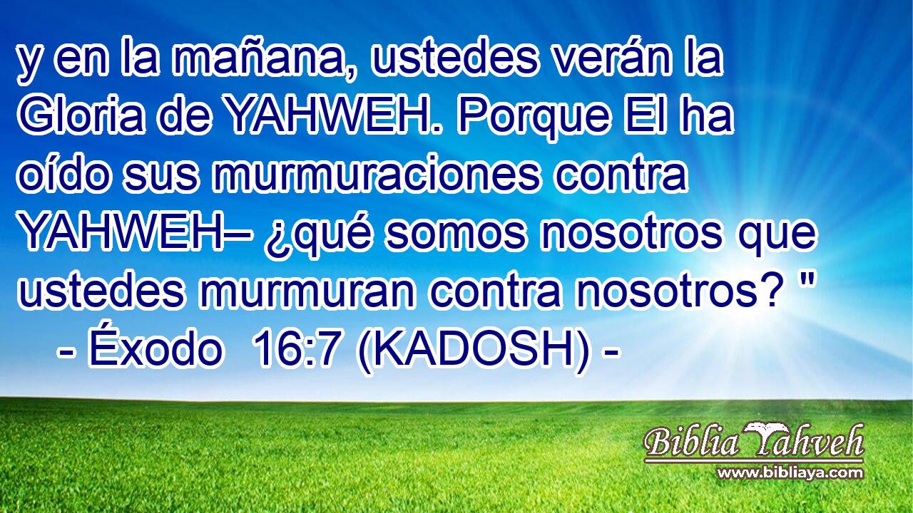  y en la mañana, ustedes verán la Gloria de YAHWEH. Porque El ha oído sus murmuraciones contra YAHWEH– ¿qué somos nosotros que ustedes murmuran contra nosotros? 