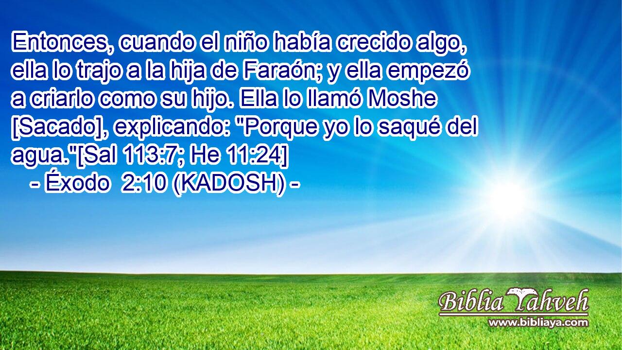  Entonces, cuando el niño había crecido algo, ella lo trajo a la hija de Faraón; y ella empezó a criarlo como su hijo. Ella lo llamó Moshe [Sacado], explicando: 