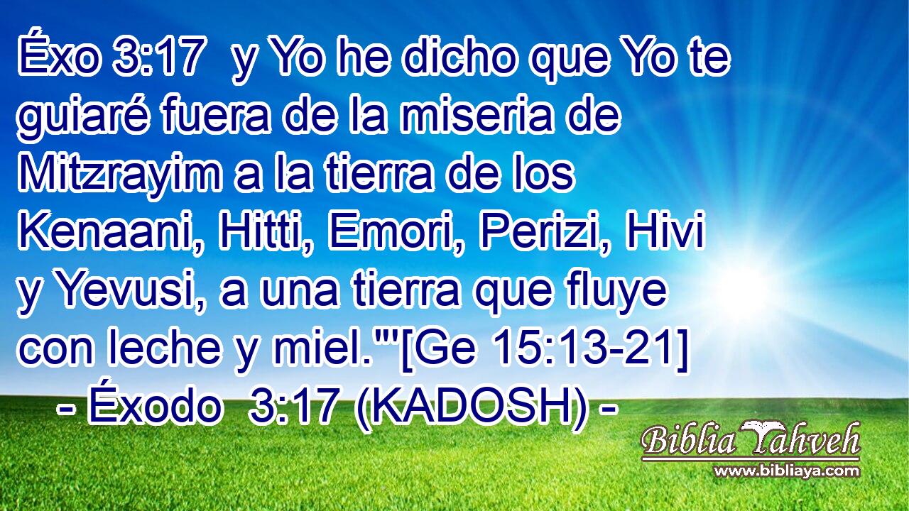  y Yo he dicho que Yo te guiaré fuera de la miseria de Mitzrayim a la tierra de los Kenaani, Hitti, Emori, Perizi, Hivi y Yevusi, a una tierra que fluye con leche y miel.