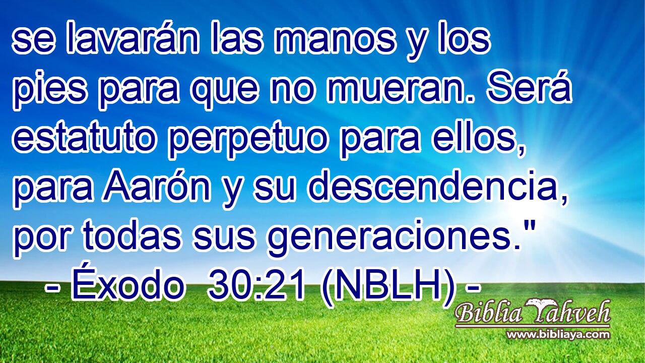  se lavarán las manos y los pies para que no mueran. Será estatuto perpetuo para ellos, para Aarón y su descendencia, por todas sus generaciones.