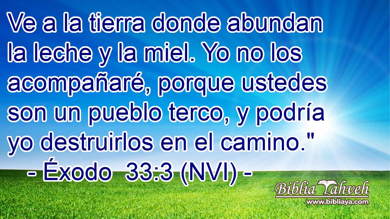 Ve a la tierra donde abundan la leche y la miel. Yo no los acompañaré, porque ustedes son un pueblo terco, y podría yo destruirlos en el camino.