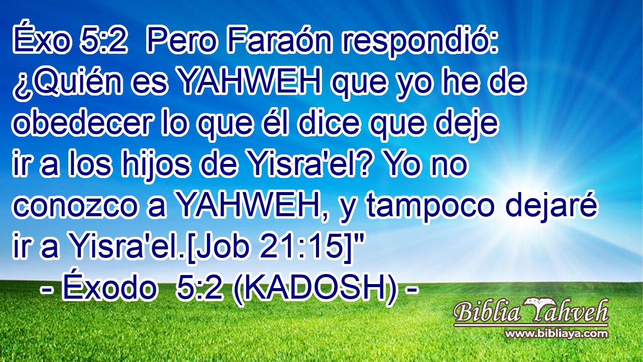  Pero Faraón respondió: ¿Quién es YAHWEH que yo he de obedecer lo que él dice que deje ir a los hijos de Yisra'el? Yo no conozco a YAHWEH, y tampoco dejaré ir a Yisra'el.[Job 21:15]