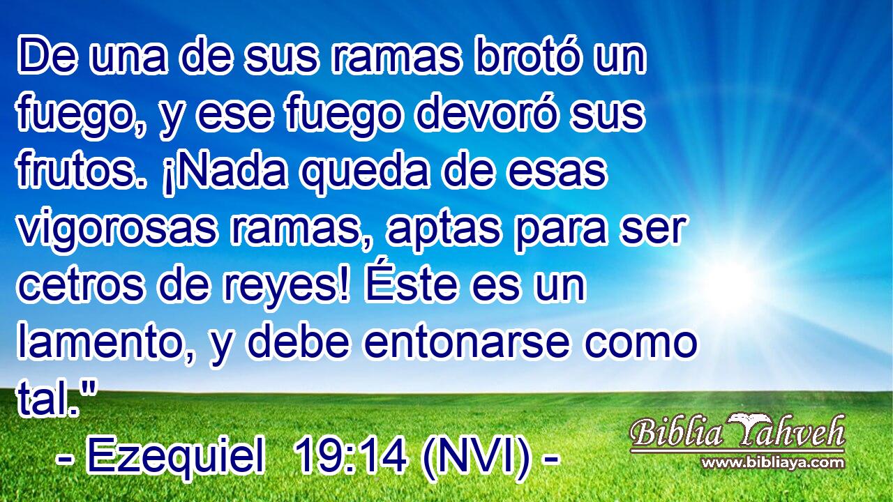  De una de sus ramas brotó un fuego, y ese fuego devoró sus frutos. ¡Nada queda de esas vigorosas ramas, aptas para ser cetros de reyes! Éste es un lamento, y debe entonarse como tal.