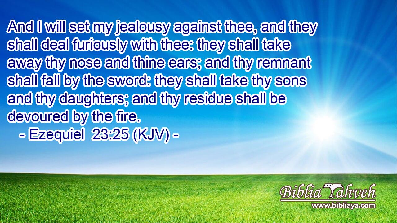 And I will set my jealousy against thee, and they shall deal furiously with thee: they shall take away thy nose and thine ears; and thy remnant shall fall by the sword: they shall take thy sons and thy daughters; and thy residue shall be devoured by the fire.