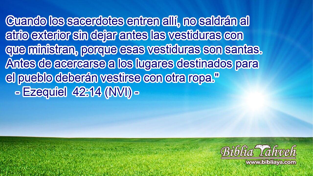  Cuando los sacerdotes entren allí, no saldrán al atrio exterior sin dejar antes las vestiduras con que ministran, porque esas vestiduras son santas. Antes de acercarse a los lugares destinados para el pueblo deberán vestirse con otra ropa.