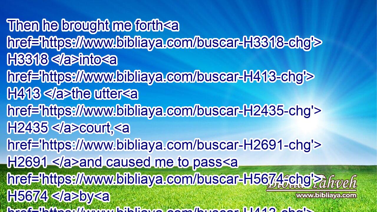 Then he brought me forth H3318 into H413 the utter H2435 court, H2691 and caused me to pass H5674 by H413 the four H702 corners H4740 of the court; H2691 and, behold, H2009 in every corner of the court H4740  H2691  H2691  H4740  H2691 there was a court.H2691