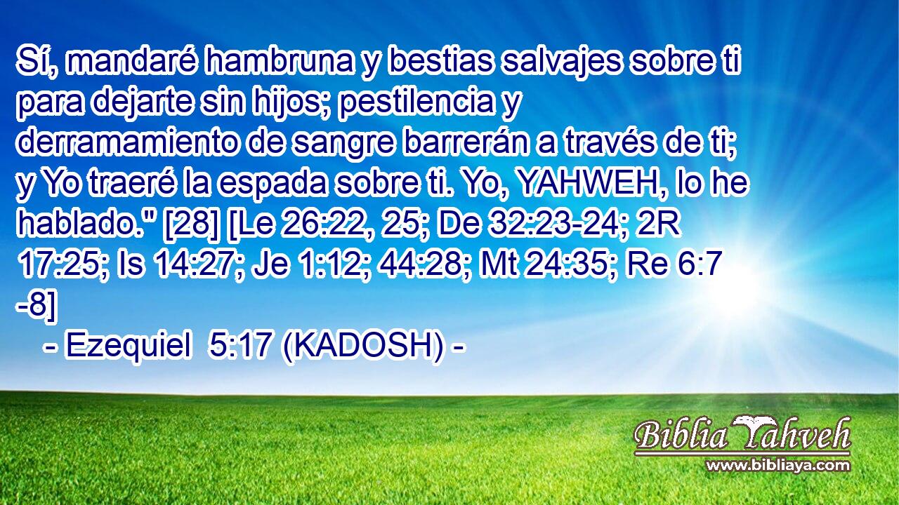  Sí, mandaré hambruna y bestias salvajes sobre ti para dejarte sin hijos; pestilencia y derramamiento de sangre barrerán a través de ti; y Yo traeré la espada sobre ti. Yo, YAHWEH, lo he hablado.