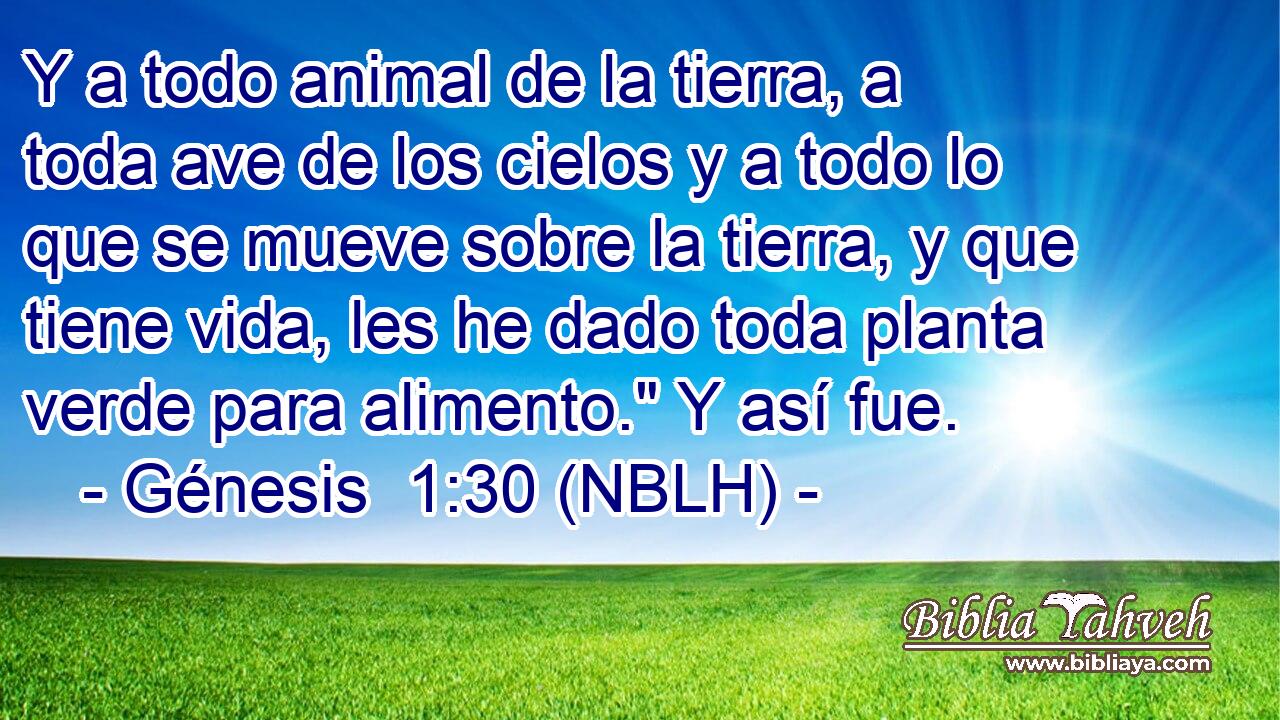  Y a todo animal de la tierra, a toda ave de los cielos y a todo lo que se mueve sobre la tierra, y que tiene vida, les he dado toda planta verde para alimento.