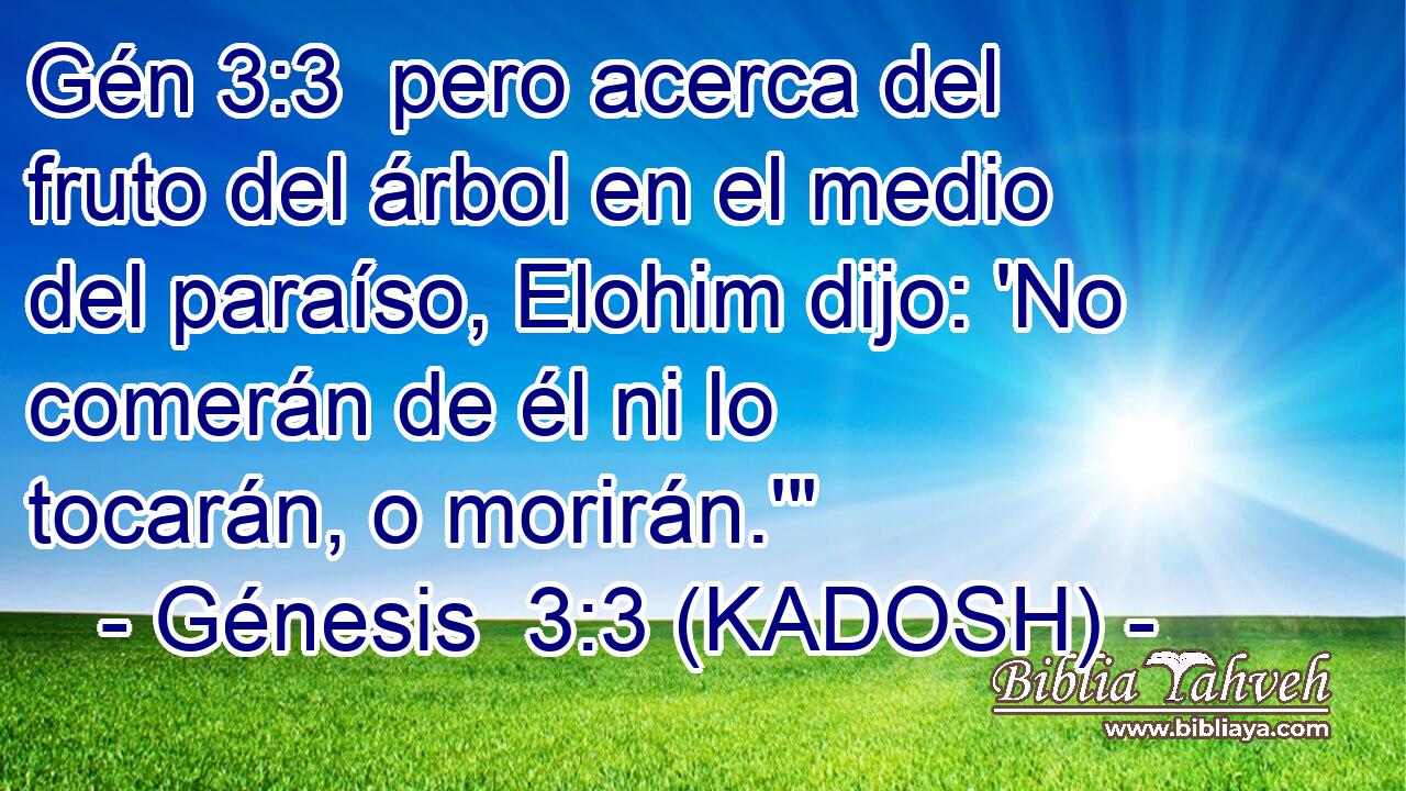  pero acerca del fruto del árbol en el medio del paraíso, Elohim dijo: 'No comerán de él ni lo tocarán, o morirán.'