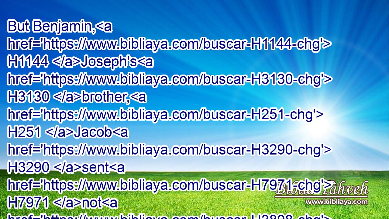 But Benjamin, H1144 Joseph's H3130 brother, H251 Jacob H3290 sent H7971 not H3808 with H854 his brethren; H251 for H3588 he said, H559 Lest peradventure H6435 mischief H611 befall H7122 him.