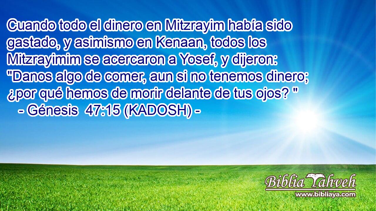 Cuando todo el dinero en Mitzrayim había sido gastado, y asimismo en Kenaan, todos los Mitzrayimim se acercaron a Yosef, y dijeron: 