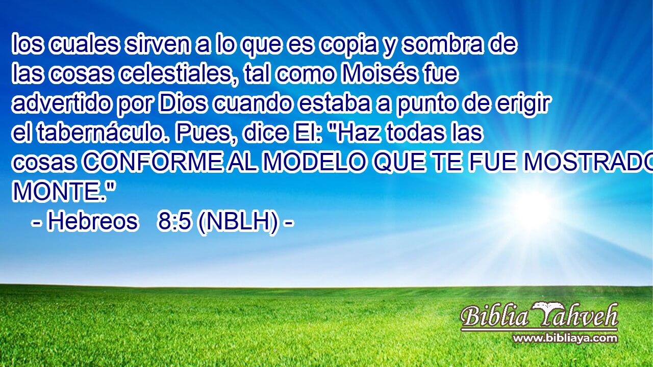  los cuales sirven a lo que es copia y sombra de las cosas celestiales, tal como Moisés fue advertido por Dios cuando estaba a punto de erigir el tabernáculo. Pues, dice El: 