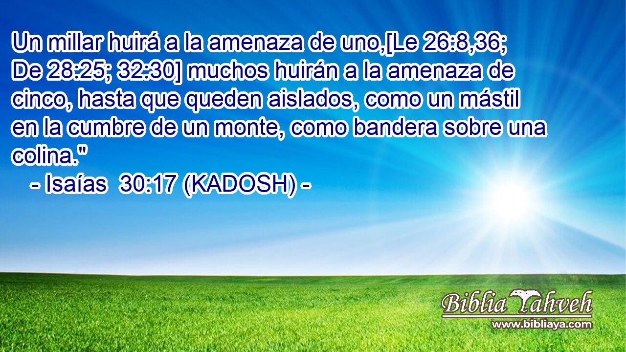  Un millar huirá a la amenaza de uno,[Le 26:8,36; De 28:25; 32:30] muchos huirán a la amenaza de cinco, hasta que queden aislados, como un mástil en la cumbre de un monte, como bandera sobre una colina.