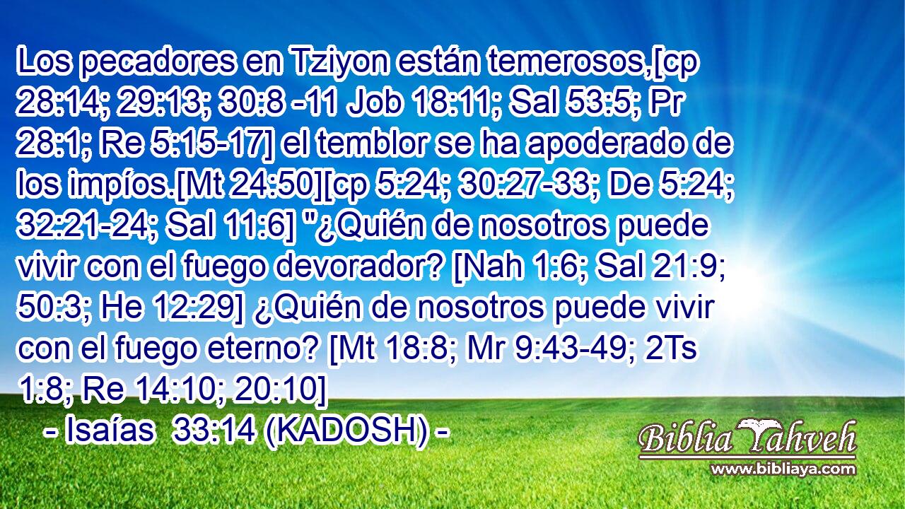  Los pecadores en Tziyon están temerosos,[cp 28:14; 29:13; 30:8 -11 Job 18:11; Sal 53:5; Pr 28:1; Re 5:15-17] el temblor se ha apoderado de los impíos.[Mt 24:50][cp 5:24; 30:27-33; De 5:24; 32:21-24; Sal 11:6] 