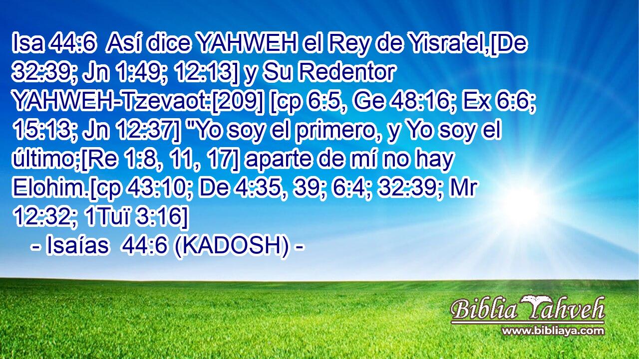  Así dice YAHWEH el Rey de Yisra'el,[De 32:39; Jn 1:49; 12:13] y Su Redentor YAHWEH-Tzevaot:[209] [cp 6:5, Ge 48:16; Ex 6:6; 15:13; Jn 12:37] 
