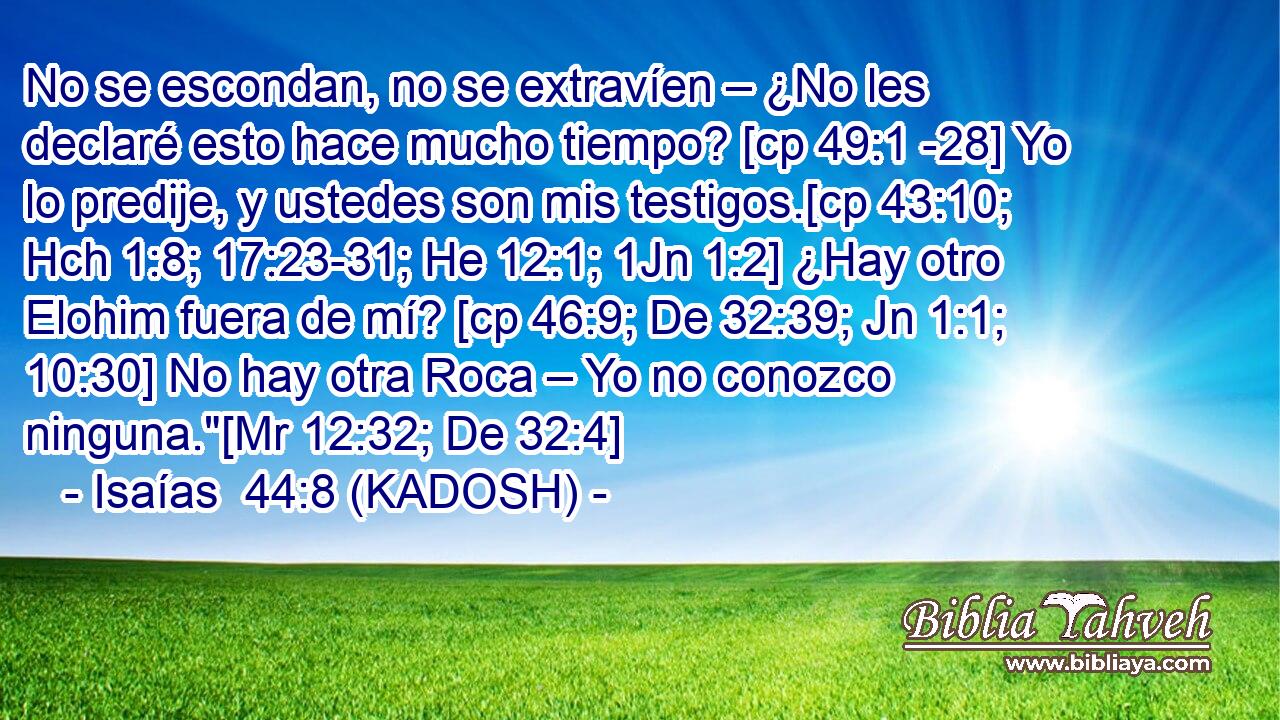 No se escondan, no se extravíen – ¿No les declaré esto hace mucho tiempo? [cp 49:1 -28] Yo lo predije, y ustedes son mis testigos.[cp 43:10; Hch 1:8; 17:23-31; He 12:1; 1Jn 1:2] ¿Hay otro Elohim fuera de mí? [cp 46:9; De 32:39; Jn 1:1; 10:30] No hay otra Roca – Yo no conozco ninguna.